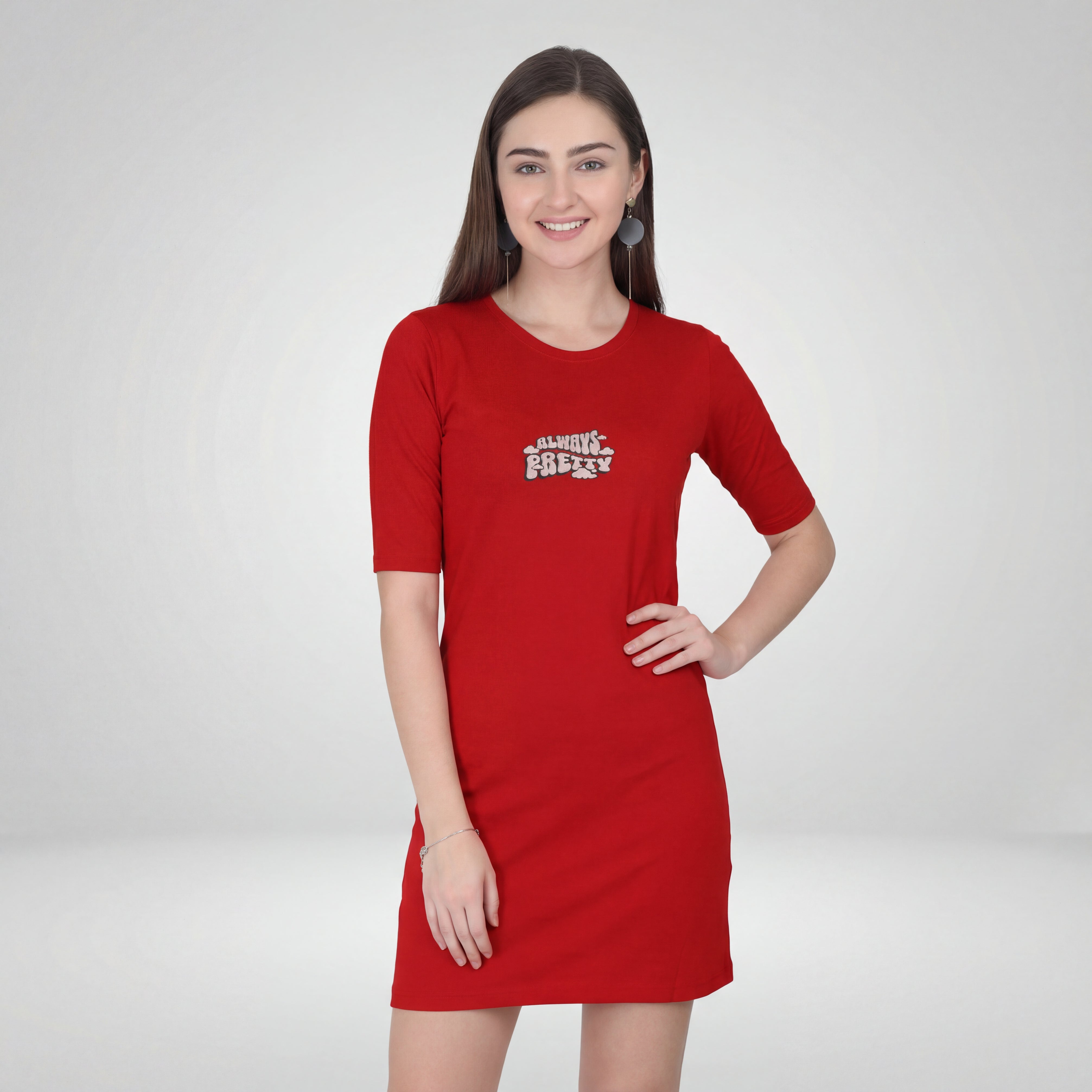 Always Pretty Red Long T-Shirt Dress for Women