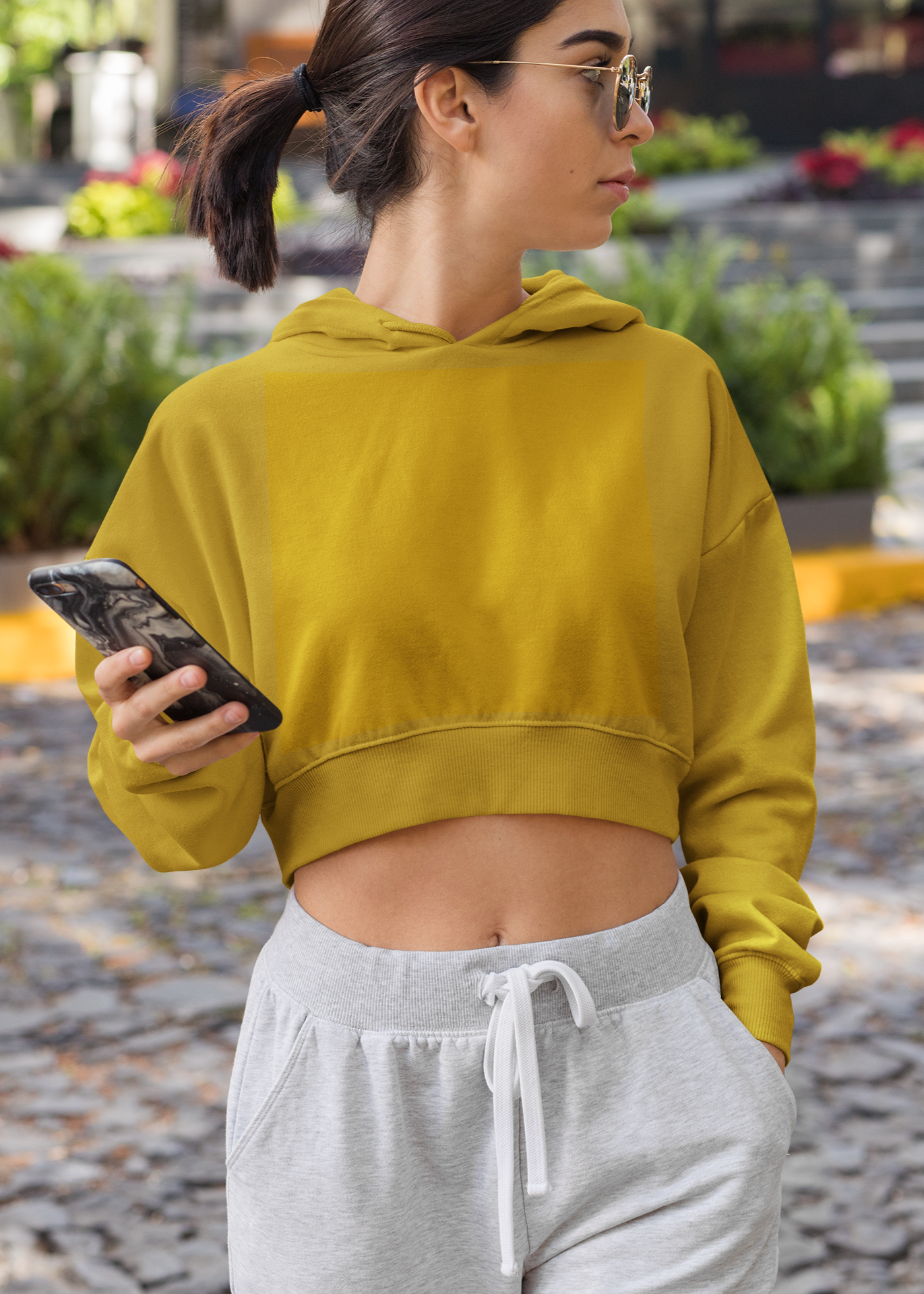 Crop Top Plain Hooded Sweatshirt - Mustard Yellow