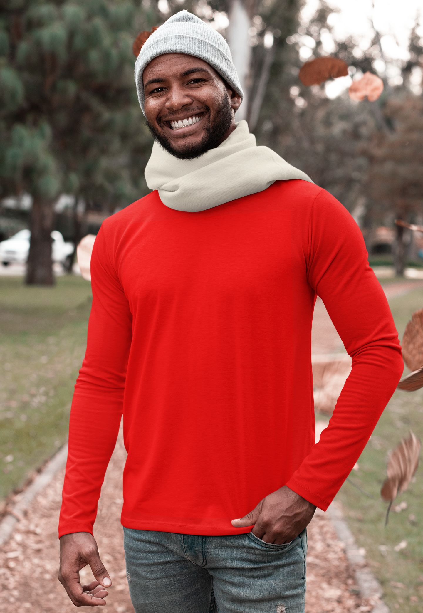 Round Neck Full Sleeve Plain T-Shirt - Red - Men