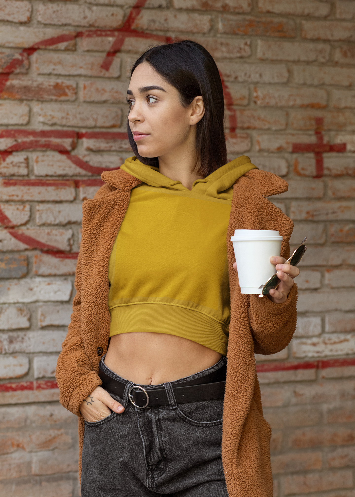 Crop Top Plain Hooded Sweatshirt - Mustard Yellow