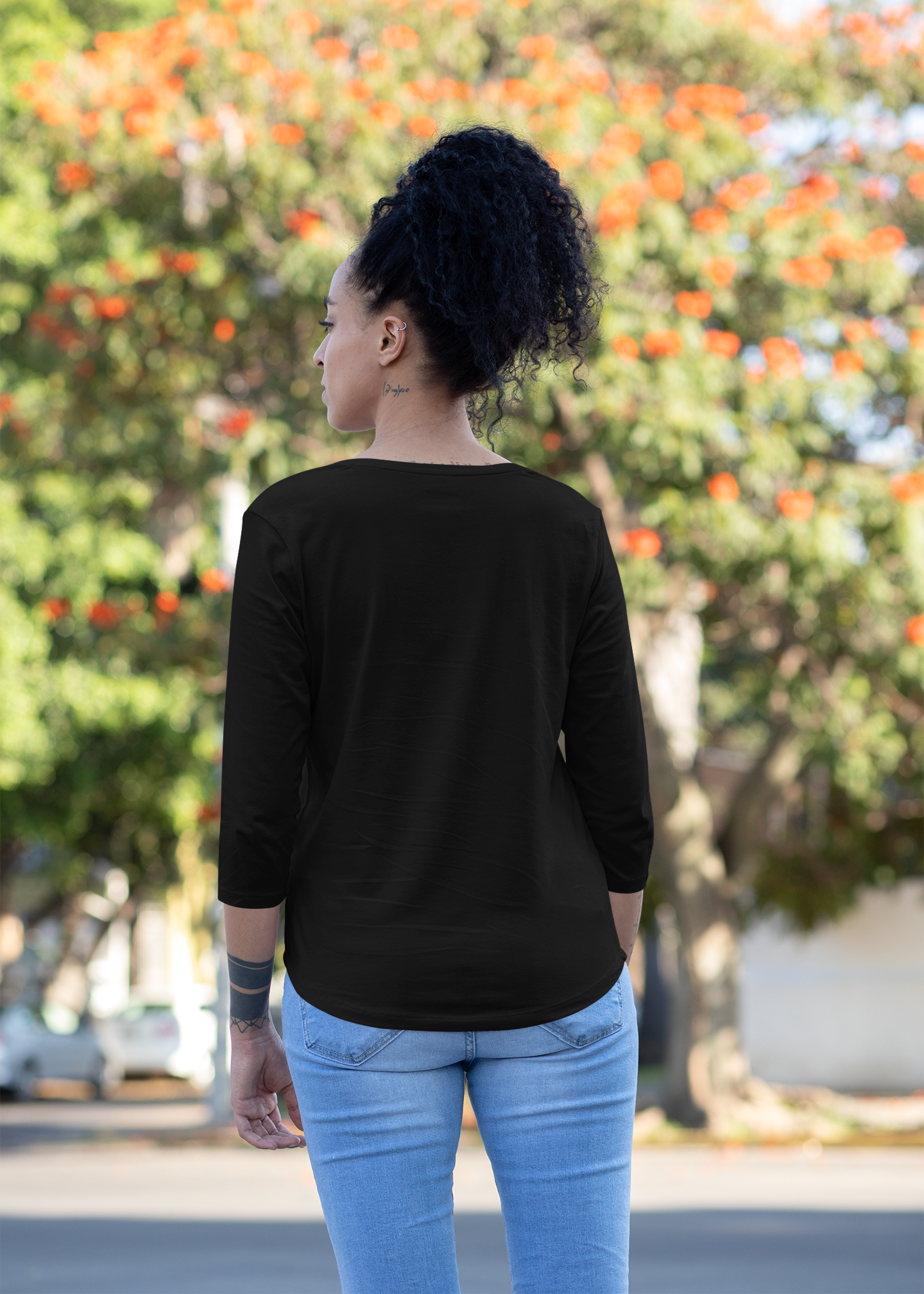 Round Neck 3/4 Sleeve Plain T-Shirt - Black - Women