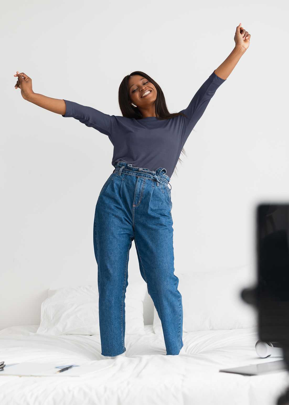 Round Neck 3/4 Sleeve T-Shirt - Navy Blue - Women