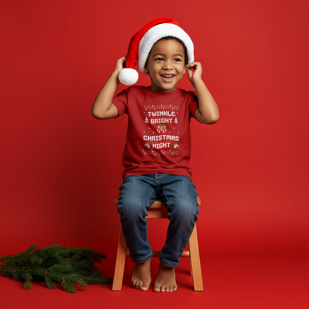 Twinkle Bright Christmas Night – Kids Unisex Red Holiday T-Shirt