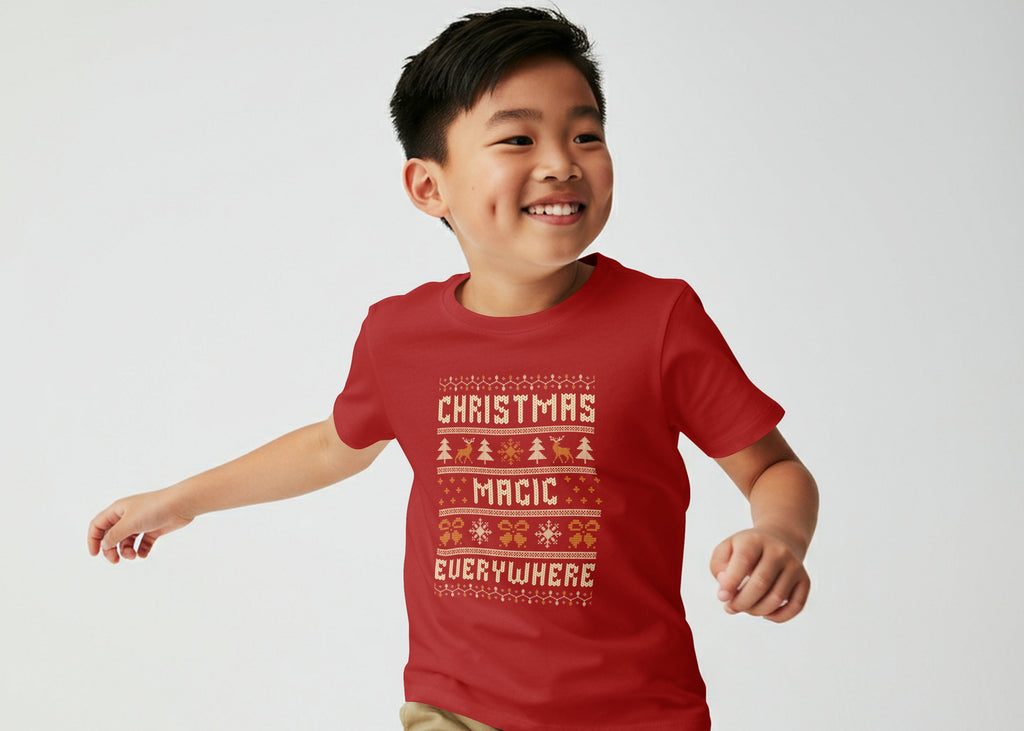 Christmas Magic Everywhere – Kids Unisex Red Holiday T-Shirt