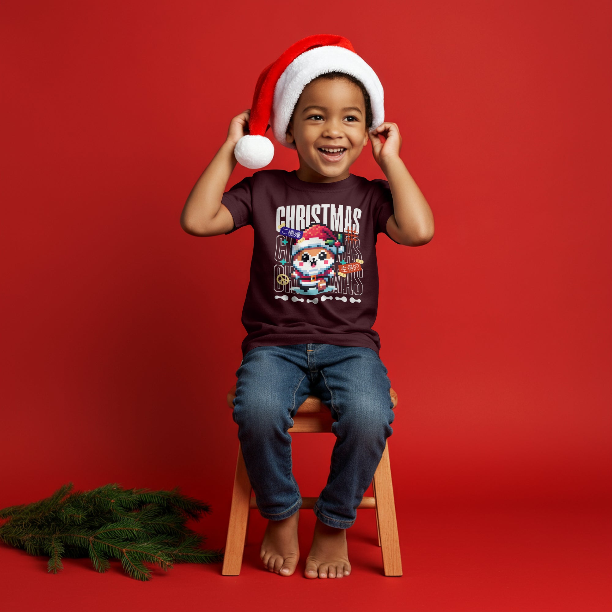 Pixel Christmas – Kids Unisex Maroon Holiday T-Shirt