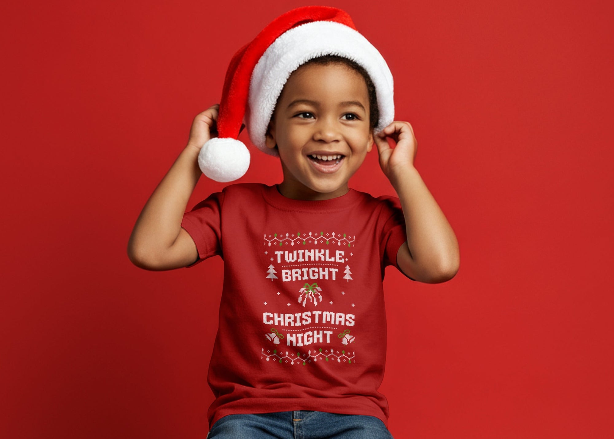 Twinkle Bright Christmas Night – Kids Unisex Red Holiday T-Shirt