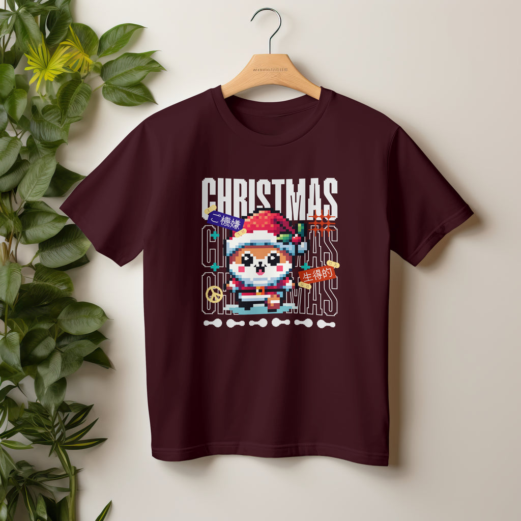 Pixel Christmas – Kids Unisex Maroon Holiday T-Shirt