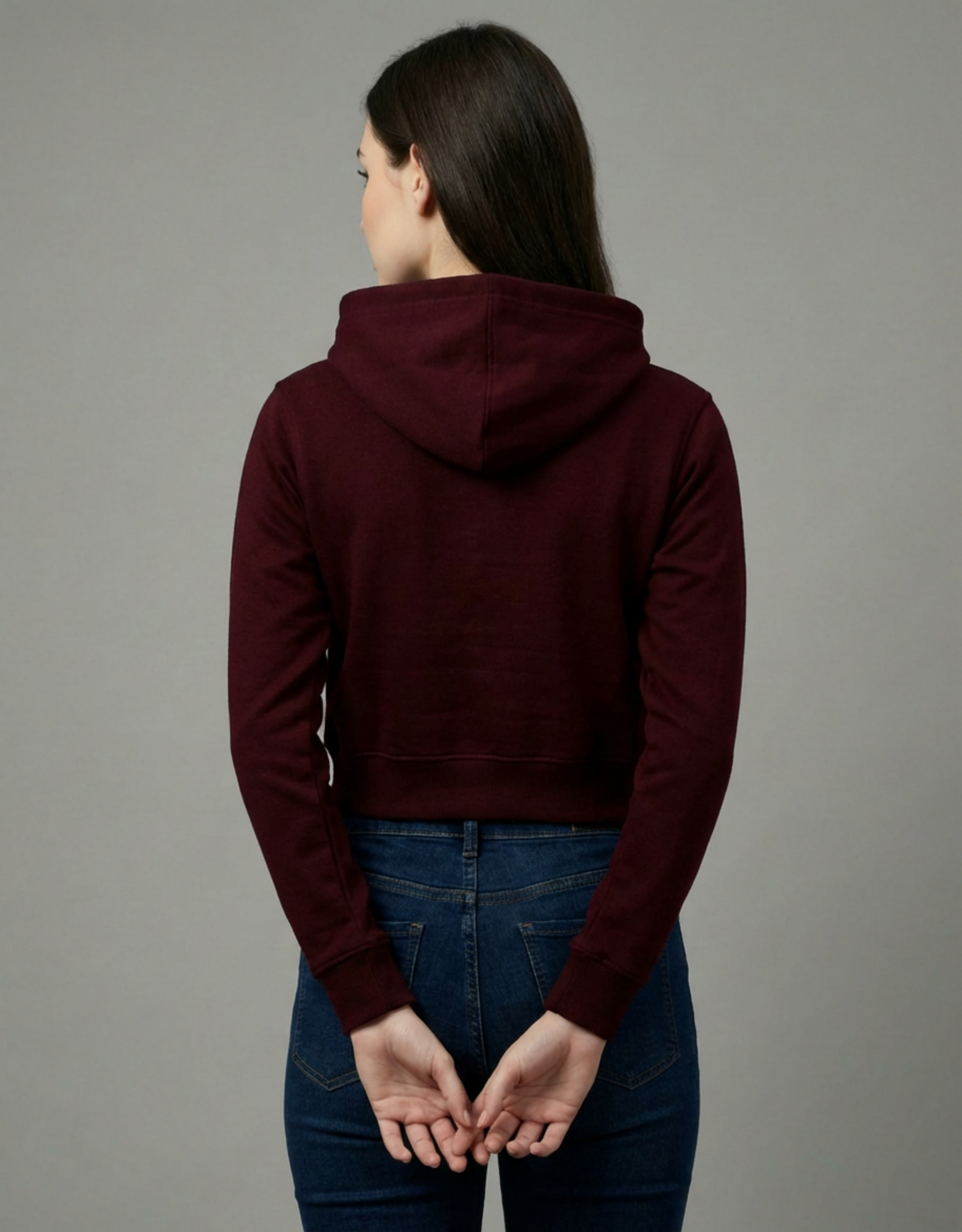 Crop Top Plain Hooded Sweatshirt - Maroon