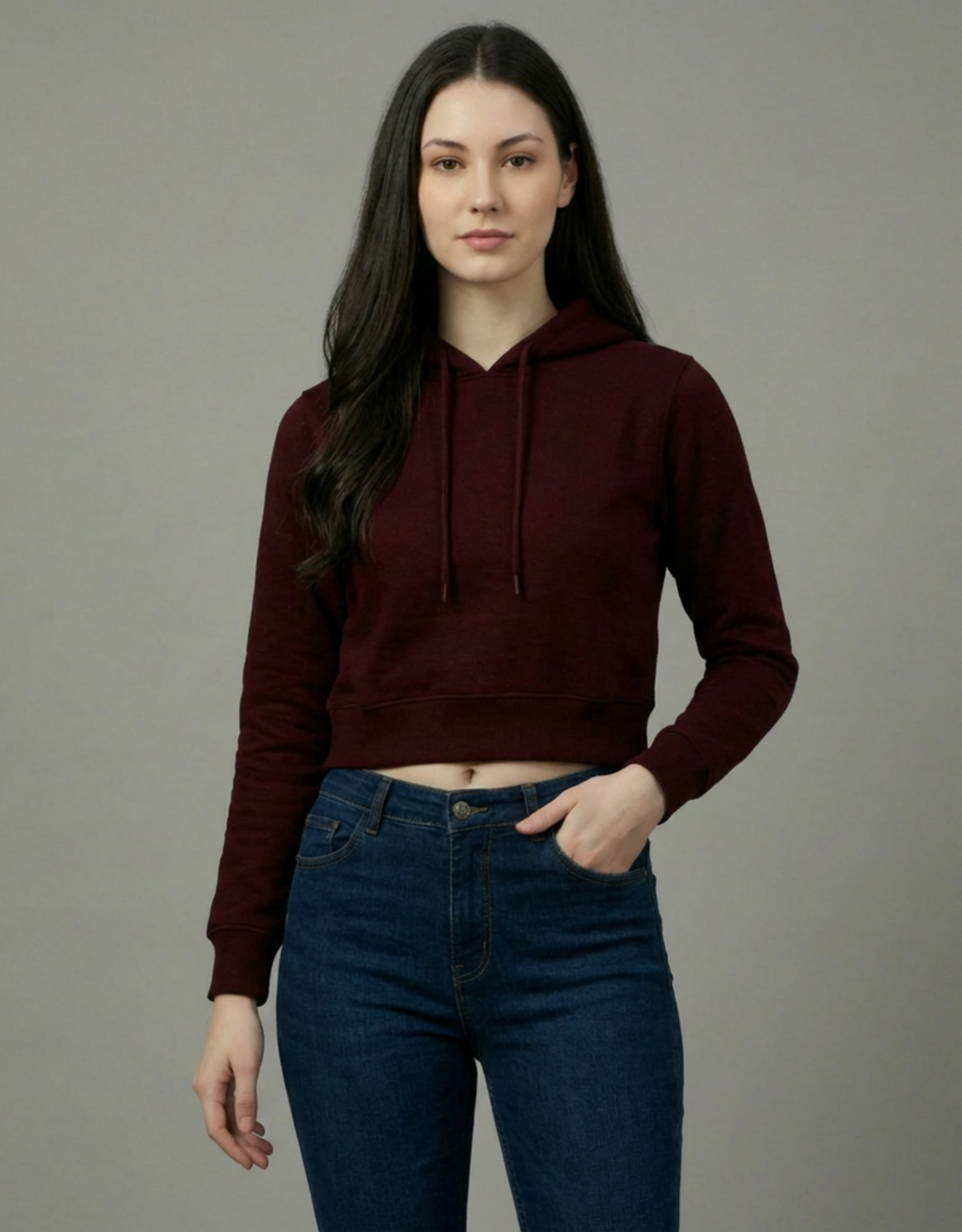 Crop Top Plain Hooded Sweatshirt - Maroon