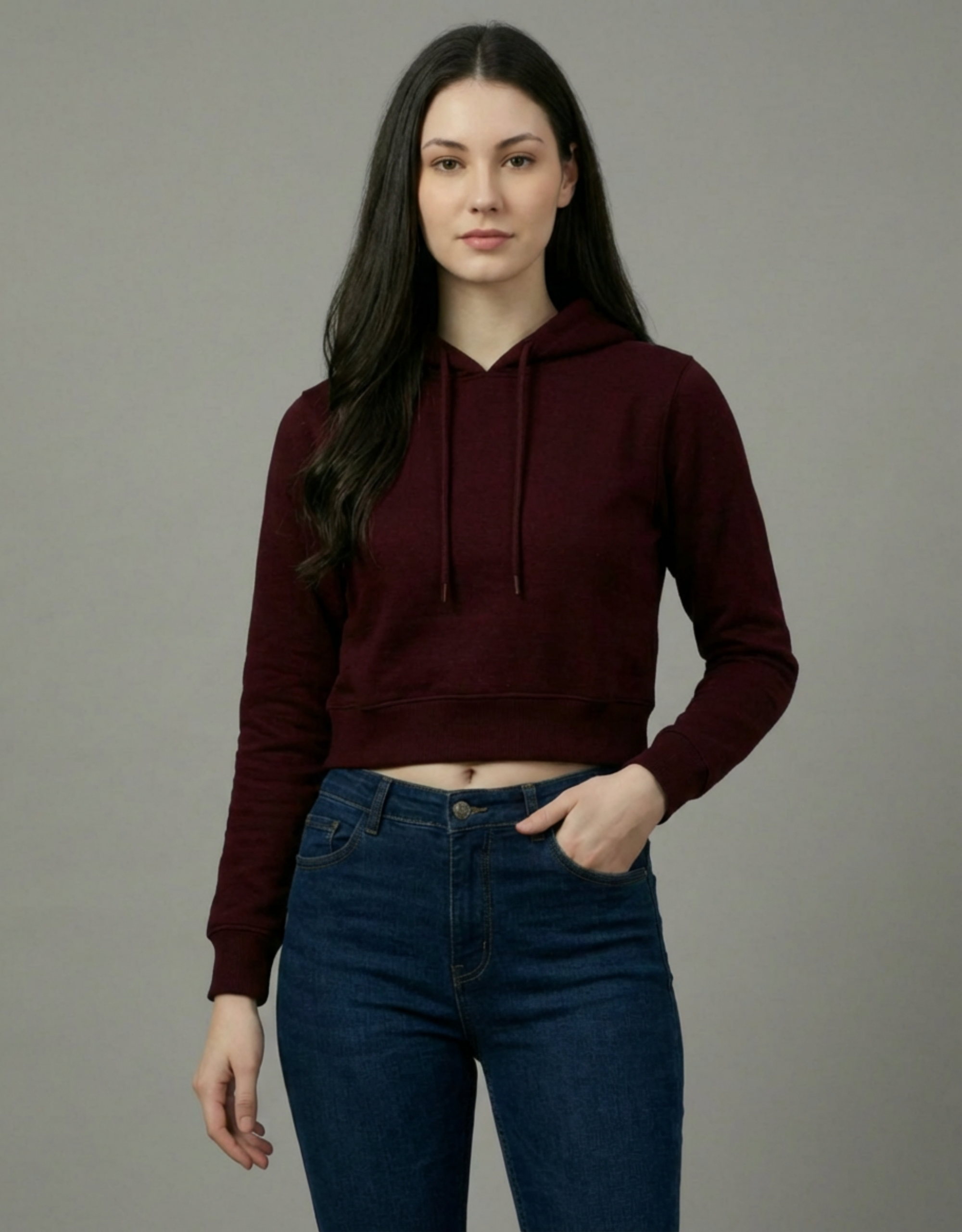 Crop Top Plain Hooded Sweatshirt - Maroon