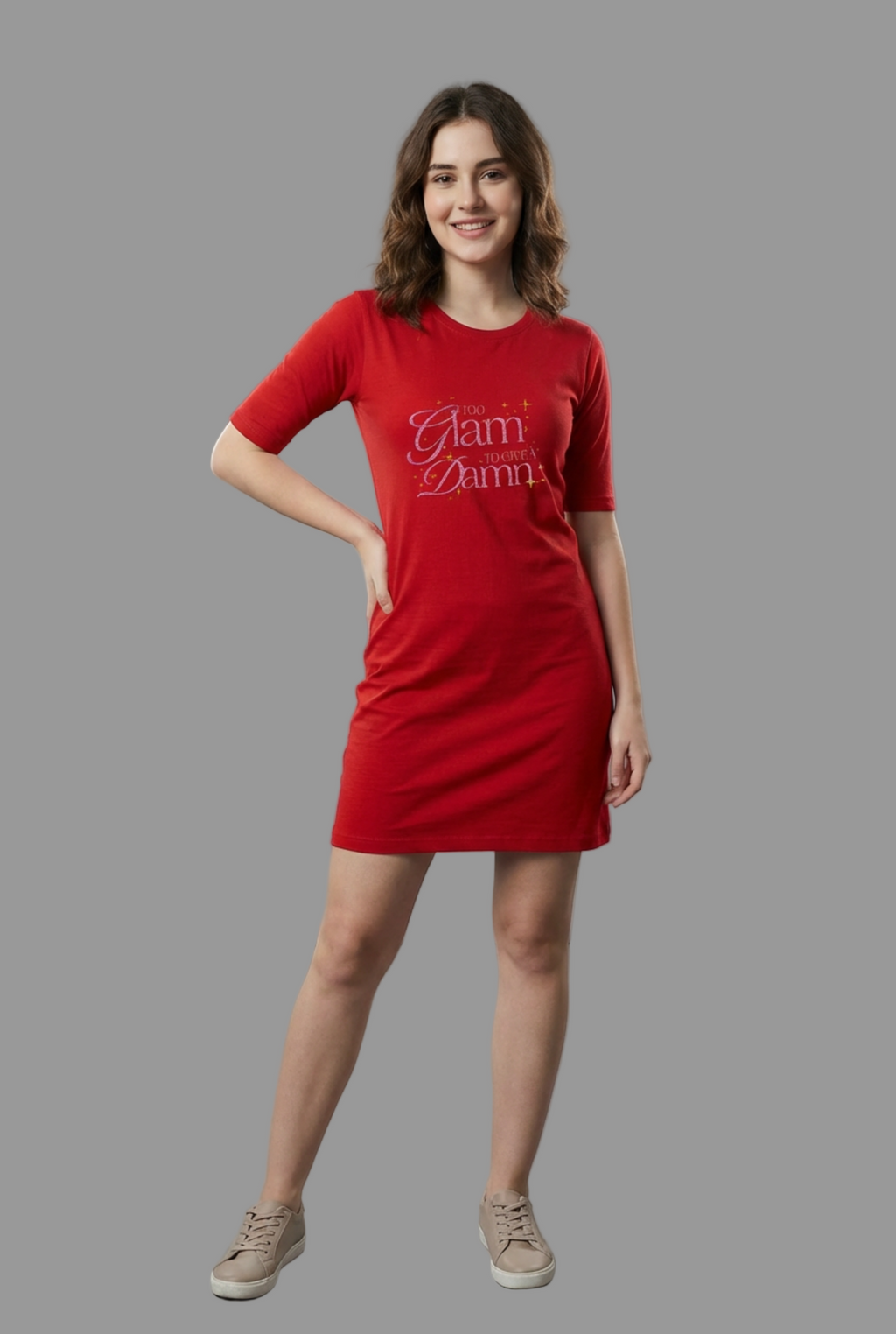 Too Glam To Give A Damn - Red Long T-Shirt Dress for Women With Pockets