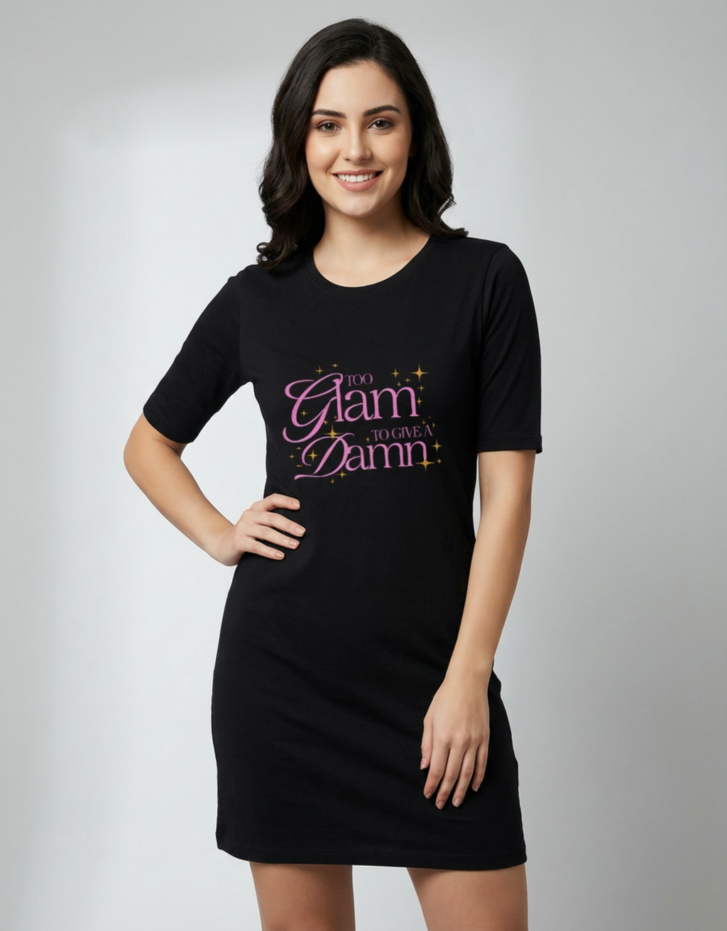 Too Glam To Give A Damn - Black Long T-Shirt Dress for Women With Pockets