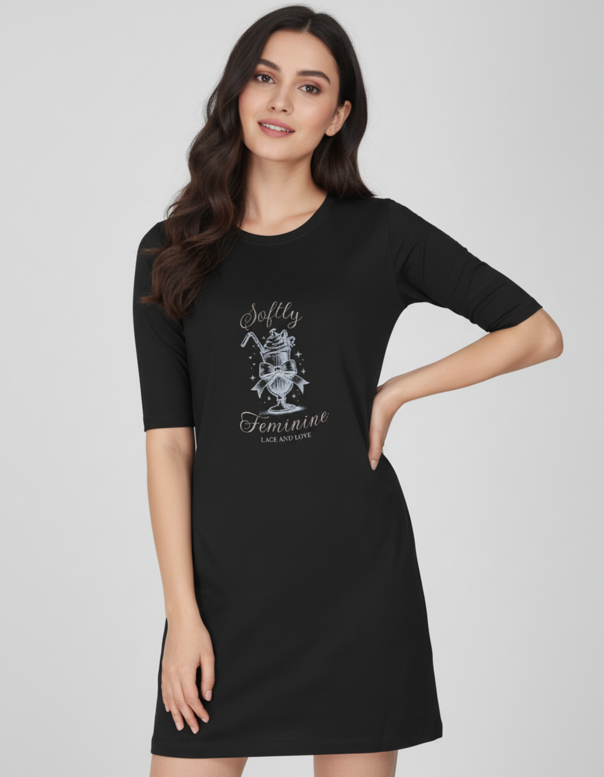 Softly Feminine - Black Long T-Shirt Dress for Women With Pockets