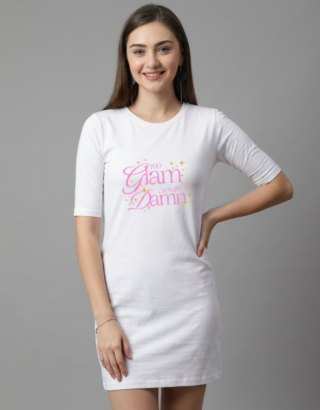 Too Glam To Give A Damn - White Long T-Shirt Dress for Women With Pockets