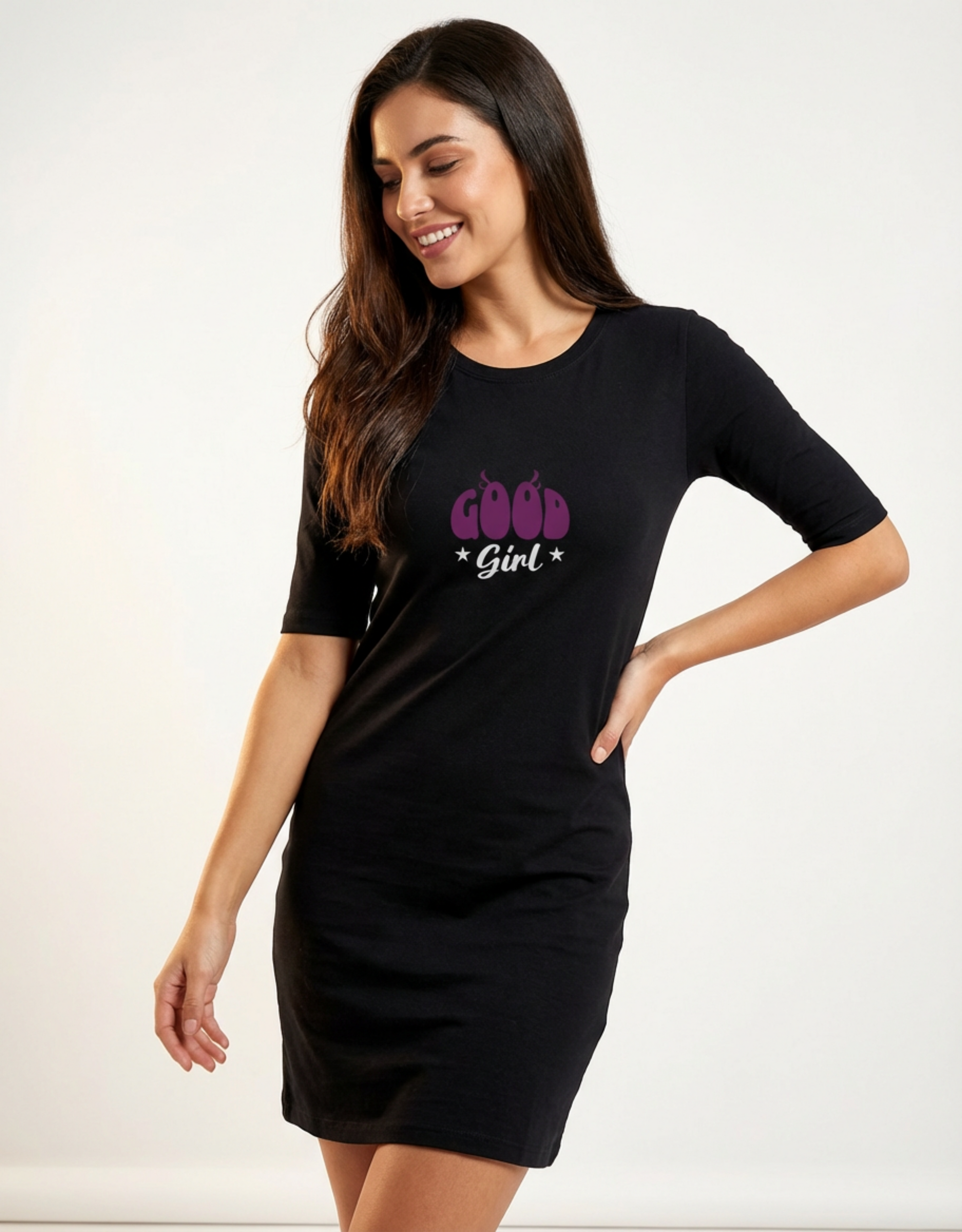 Good Girl Black Long T-Shirt Dress for Women | Cotton Relaxed Fit RAUL Clothing Good Girl Black Long T-Shirt Dress for Women | Cotton Relaxed Fit RAUL Clothing