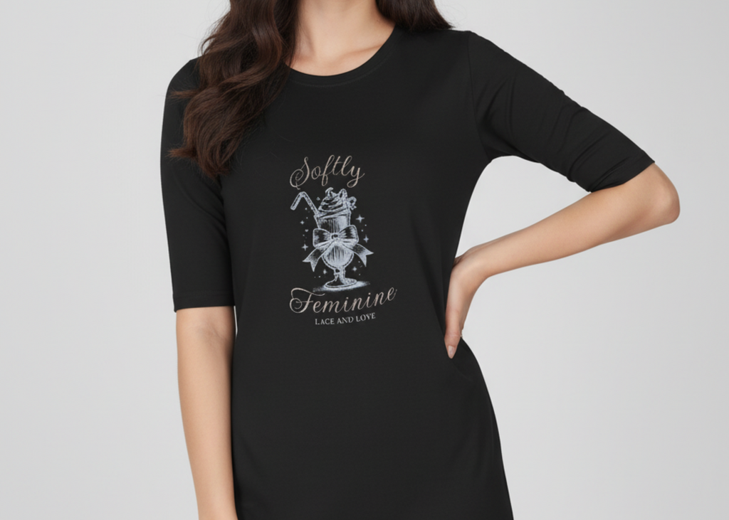 Softly Feminine - Black Long T-Shirt Dress for Women With Pockets