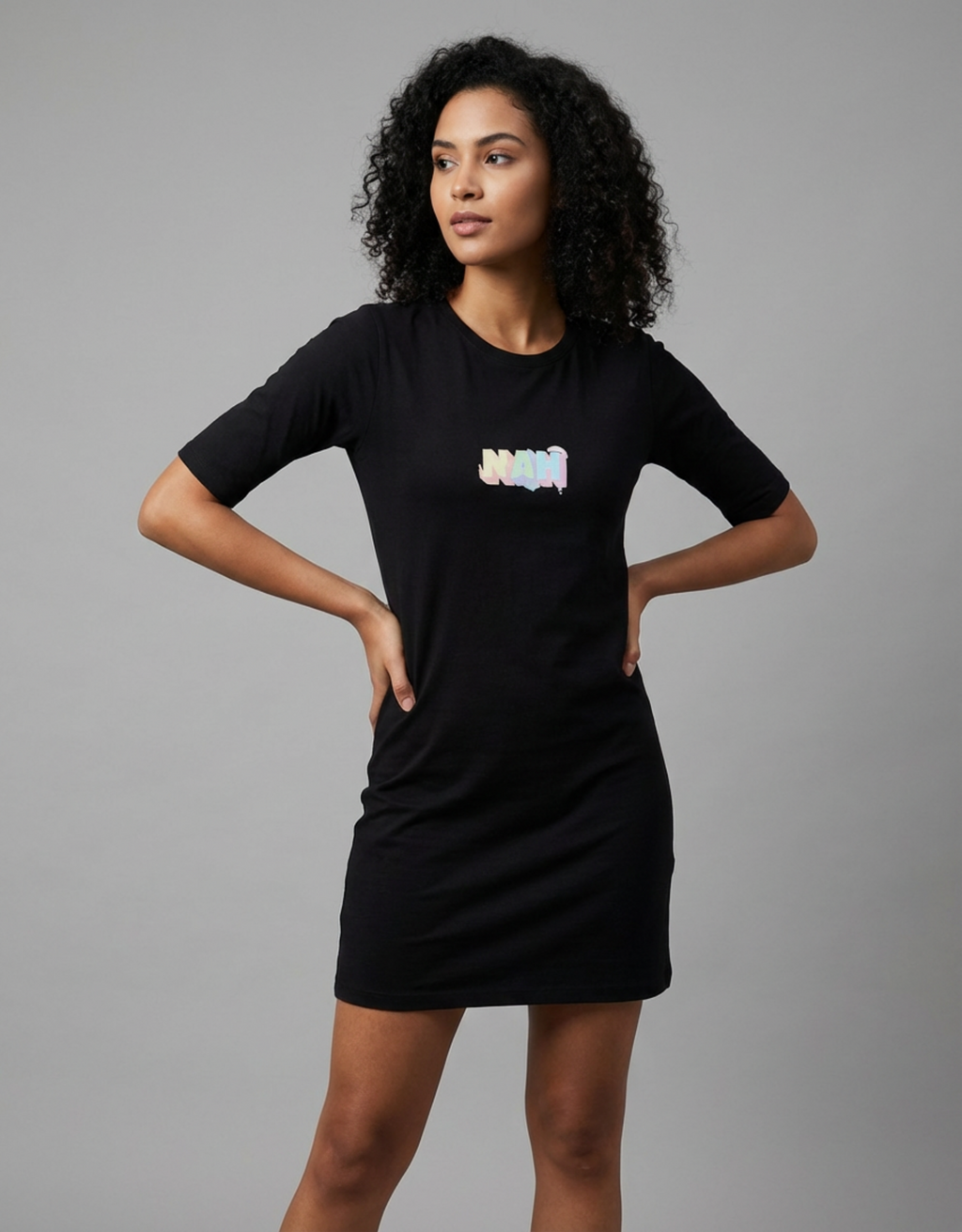 NAH - Black Long T-Shirt Dress for Women With Pockets