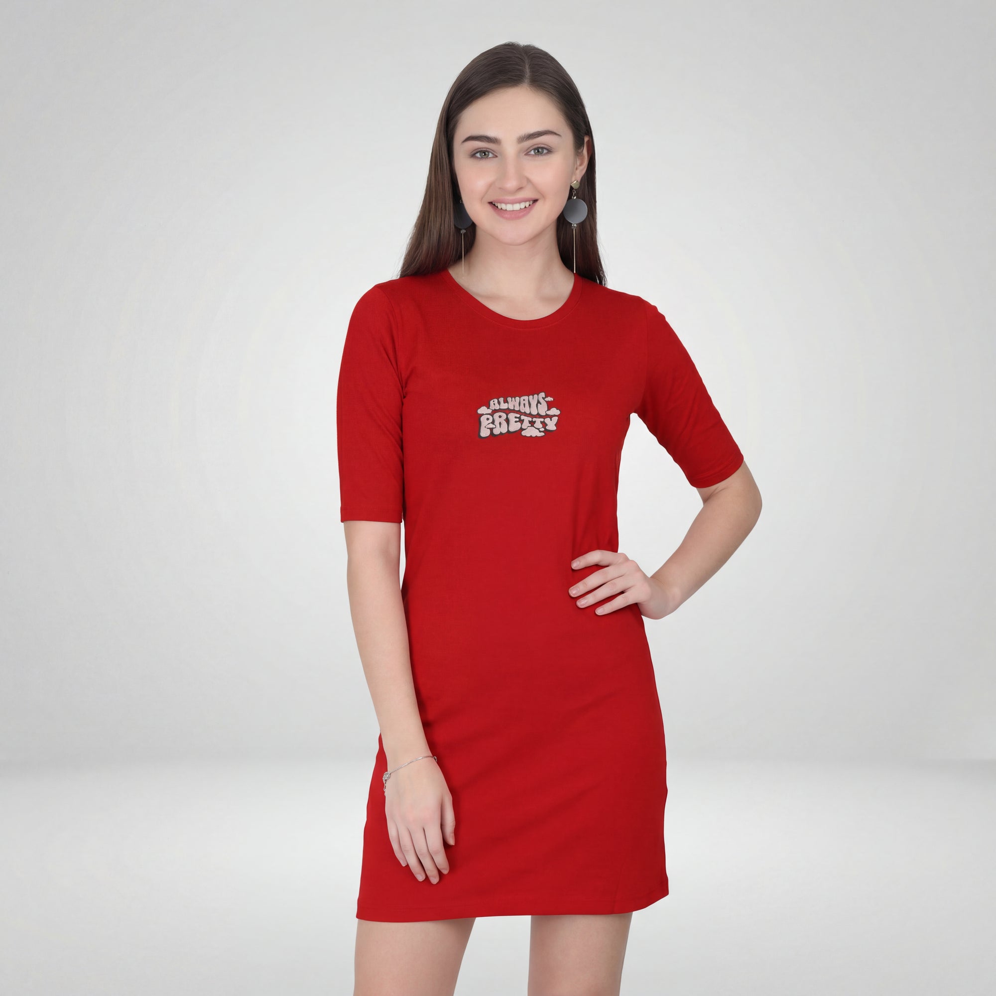 Always Pretty - Red Long T-Shirt Dress for Women With Pockets
