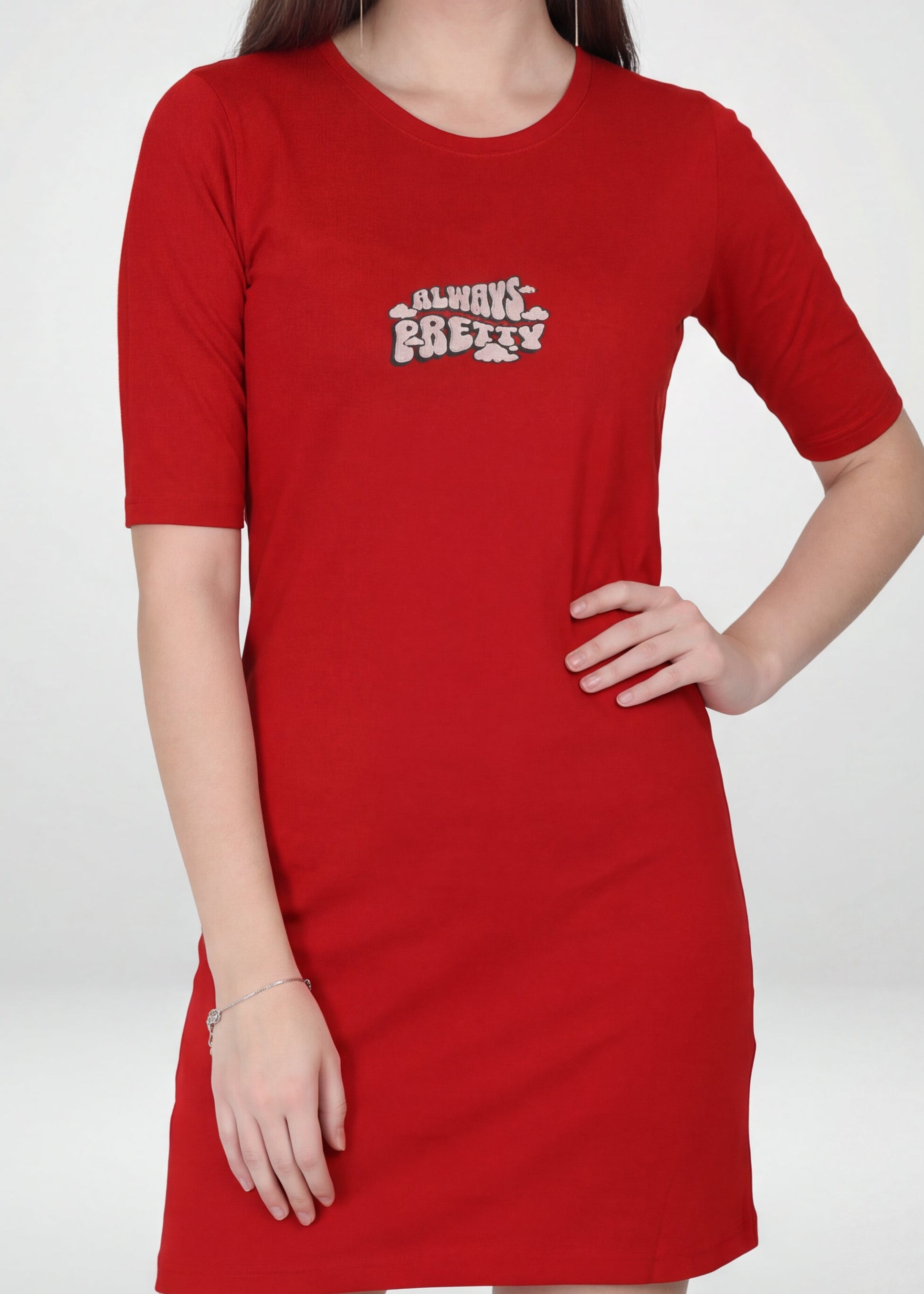 Always Pretty Red Long T-Shirt Dress for Women | Cotton Relaxed Fit RAUL Clothing Always Pretty Red Long T-Shirt Dress for Women | Cotton Relaxed Fit RAUL Clothing