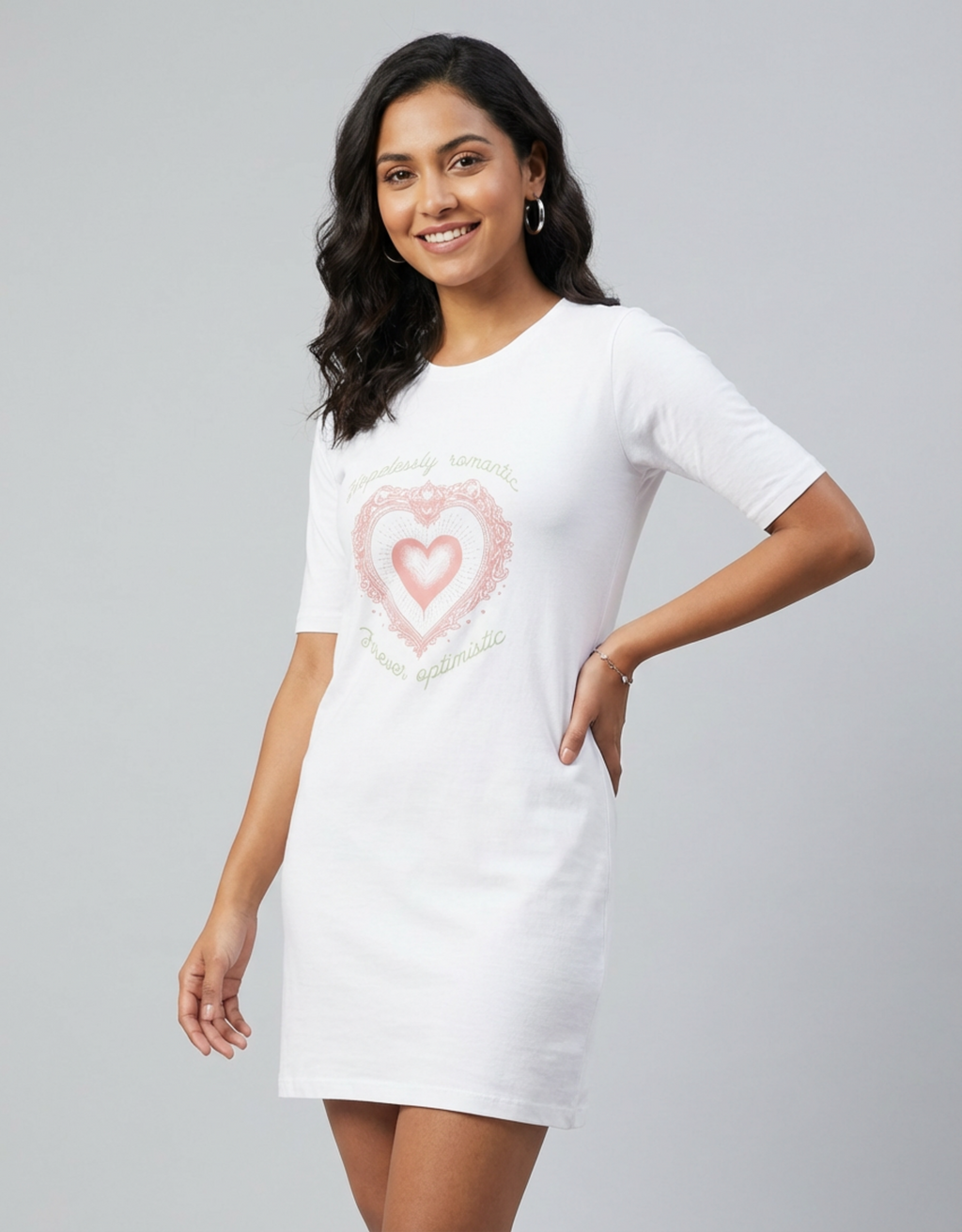 Romantic & Optimistic - White Long T-Shirt Dress for Women With Pockets