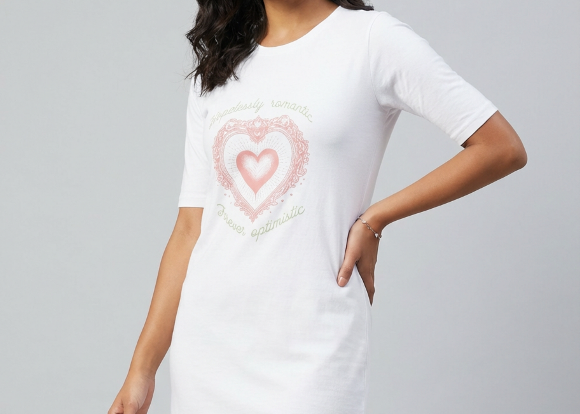 Romantic & Optimistic - White Long T-Shirt Dress for Women With Pockets