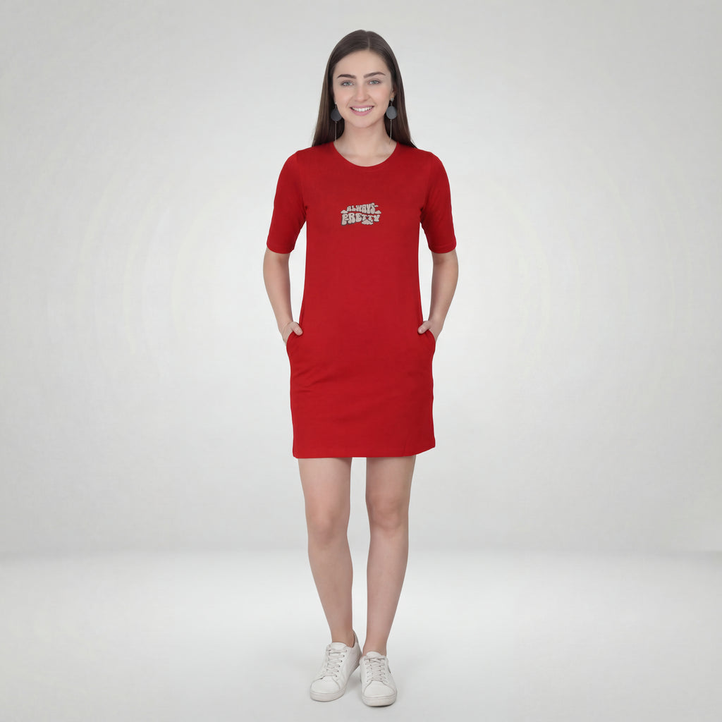 Always Pretty - Red Long T-Shirt Dress for Women With Pockets