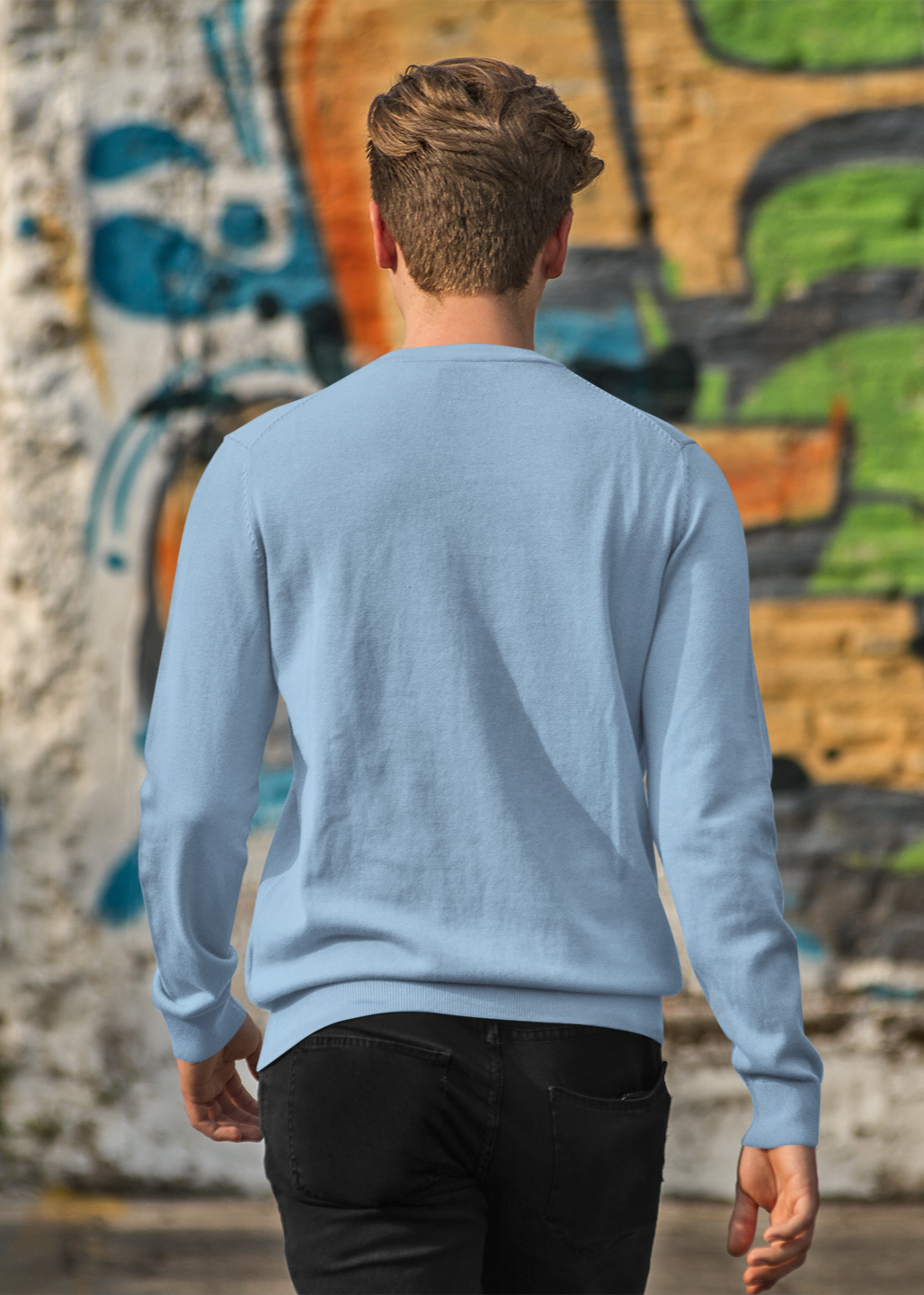 Round Neck Sweatshirt Plain - Baby Blue - Men