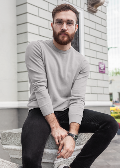 Round Neck Sweatshirt Plain - Gray Melange - Men