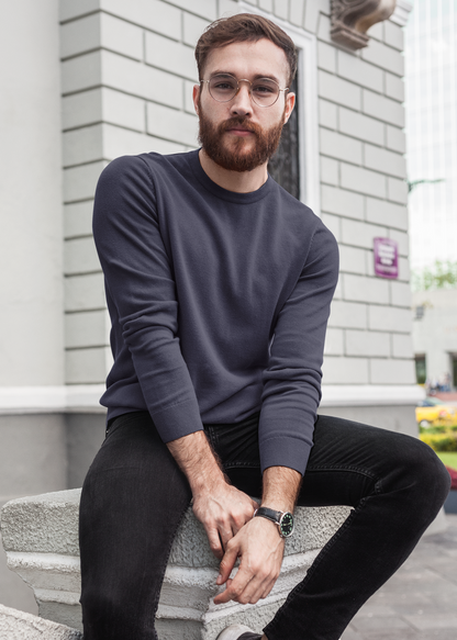 Round Neck Sweatshirt Plain - Navy Blue - Men