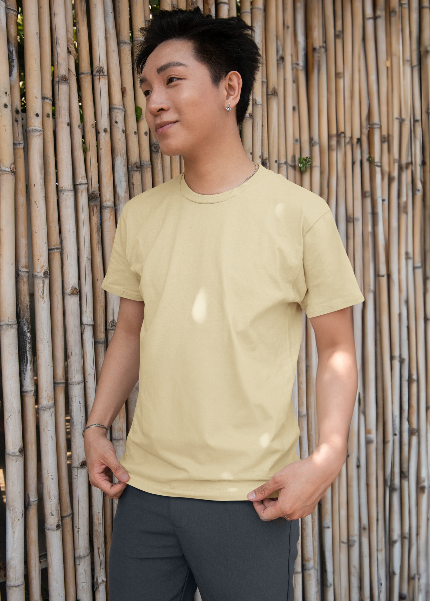 Round Neck Half Sleeve Plain T-Shirt - Beige - Men