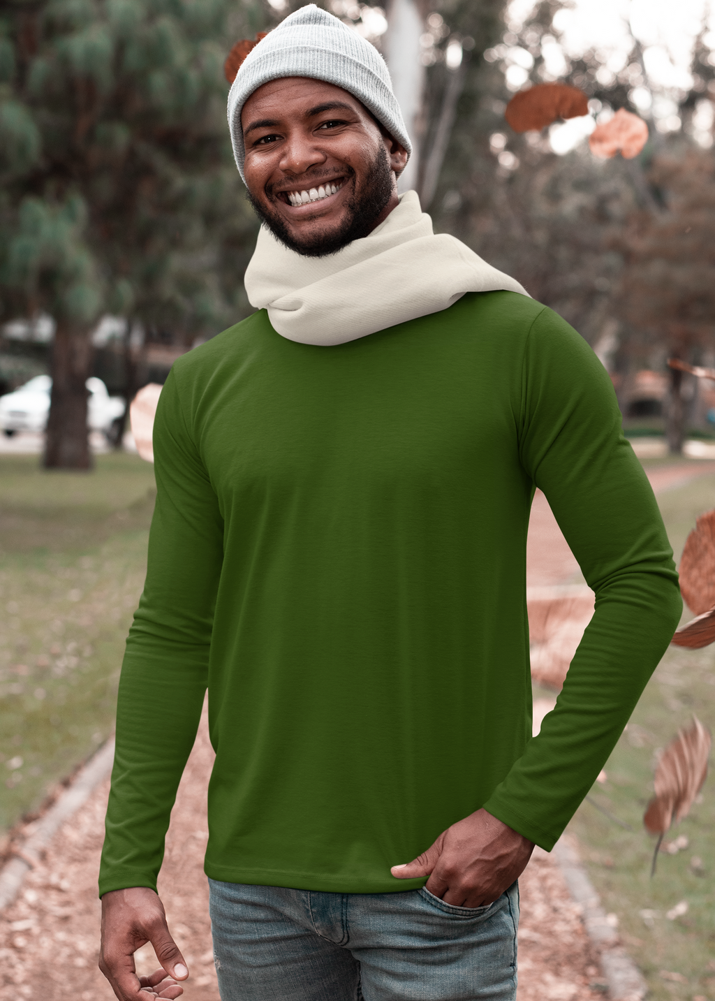 Round Neck Full Sleeve Plain T-Shirt - Dark Green - Men