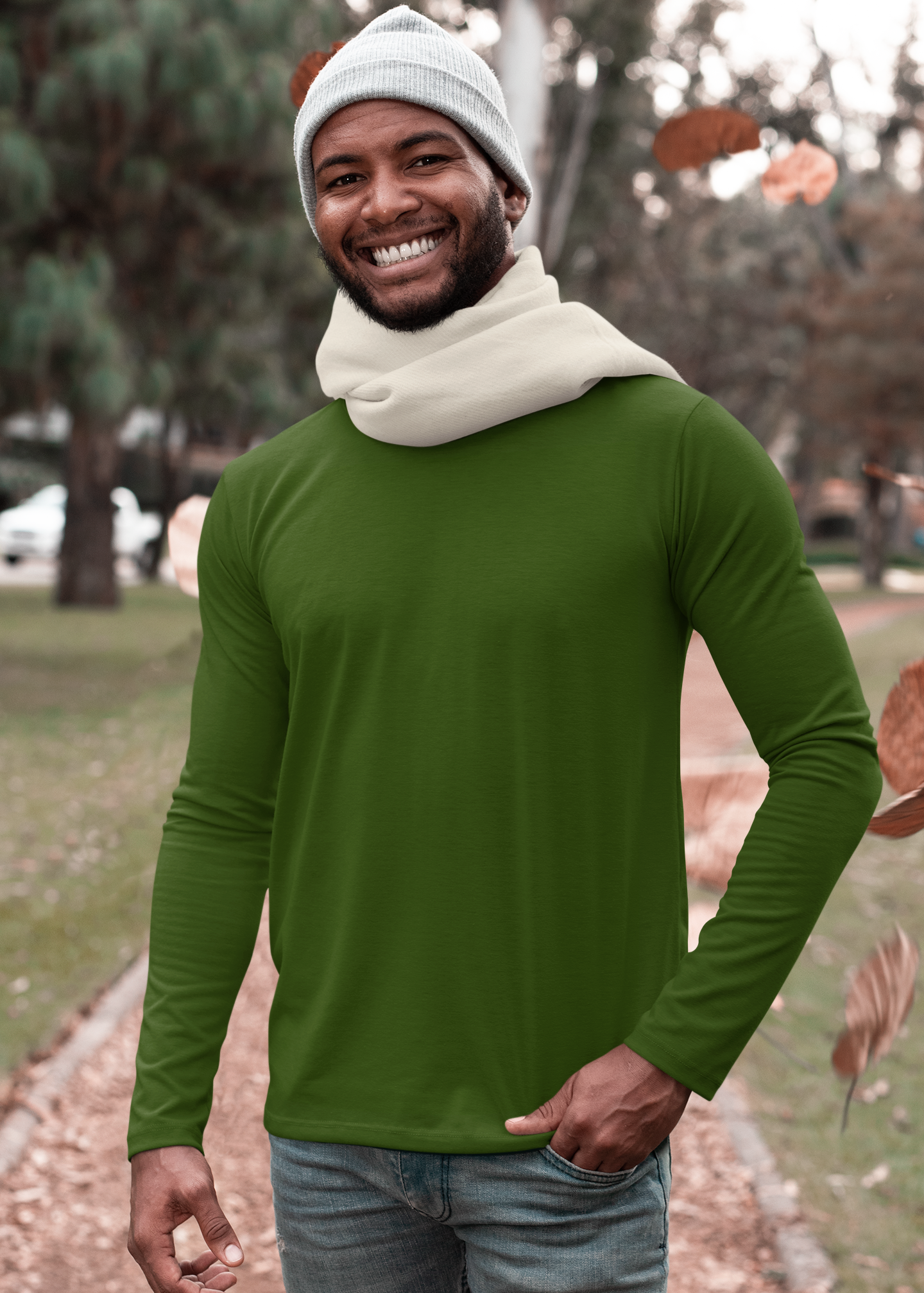 Round Neck Full Sleeve Plain T-Shirt - Dark Green - Men