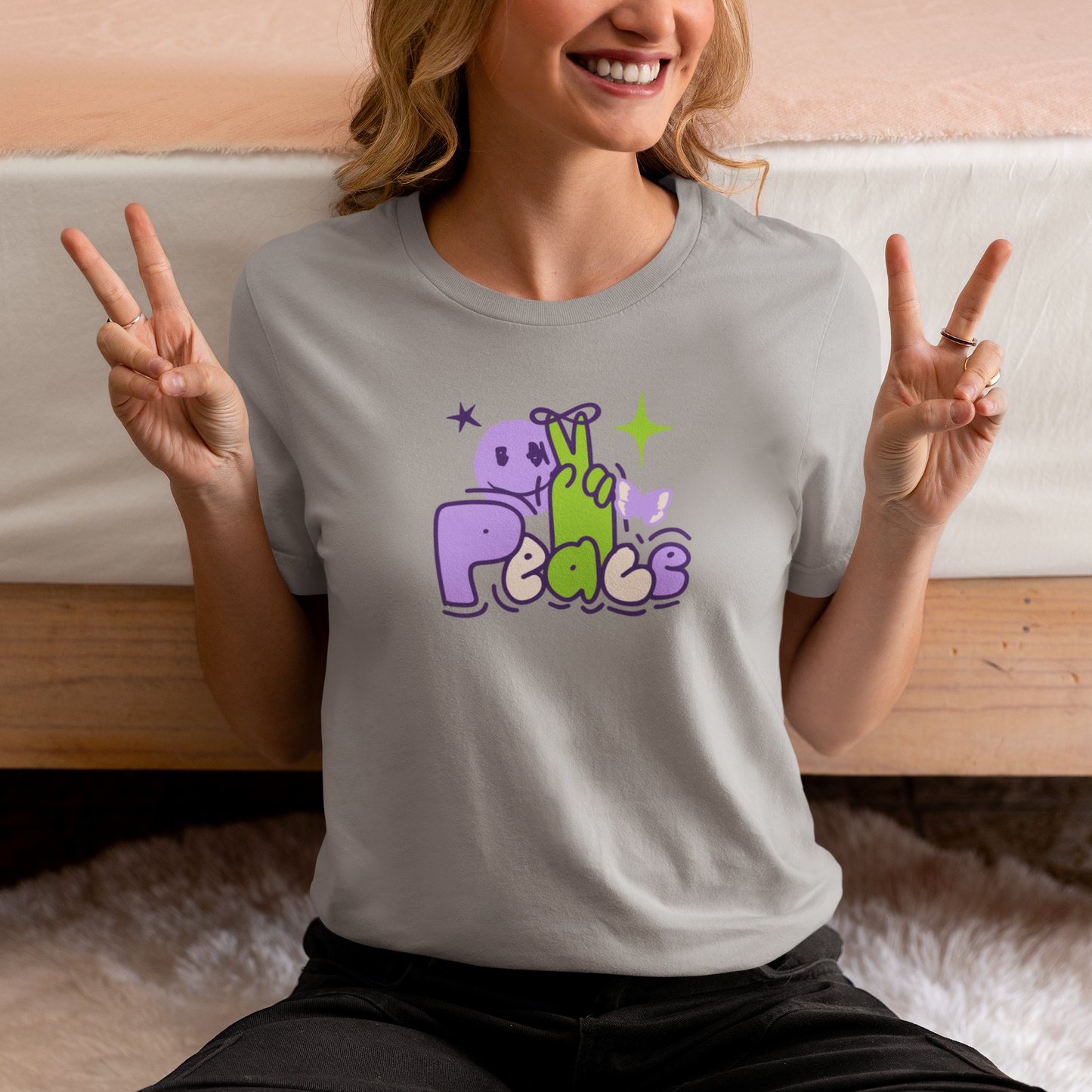 Peace - Doodle - Round Neck Half Sleeve T-Shirt - Women