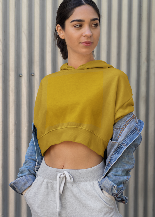 Crop Top Plain Hooded Sweatshirt - Mustard Yellow