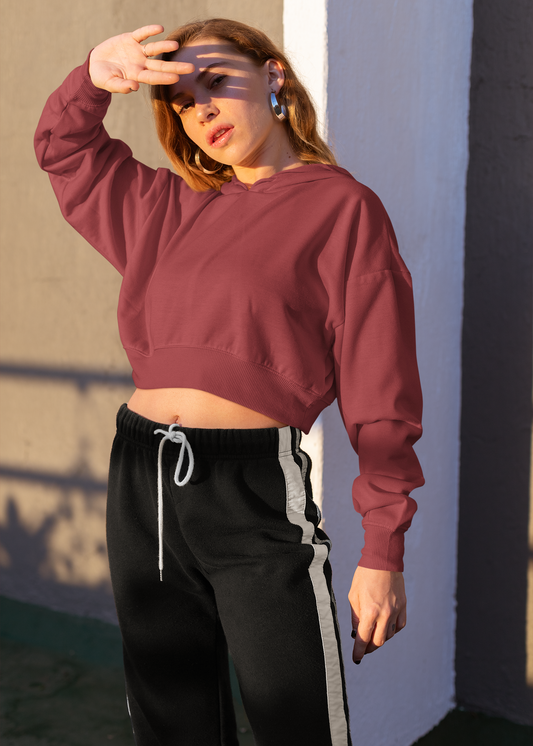 Crop Top Plain Hooded Sweatshirt - Maroon