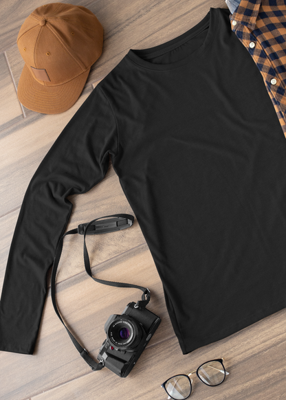 Round Neck Full Sleeve Plain T-Shirt - Black - Men