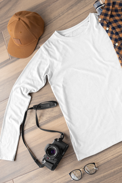 Round Neck Full Sleeve Plain T-Shirt - White - Men