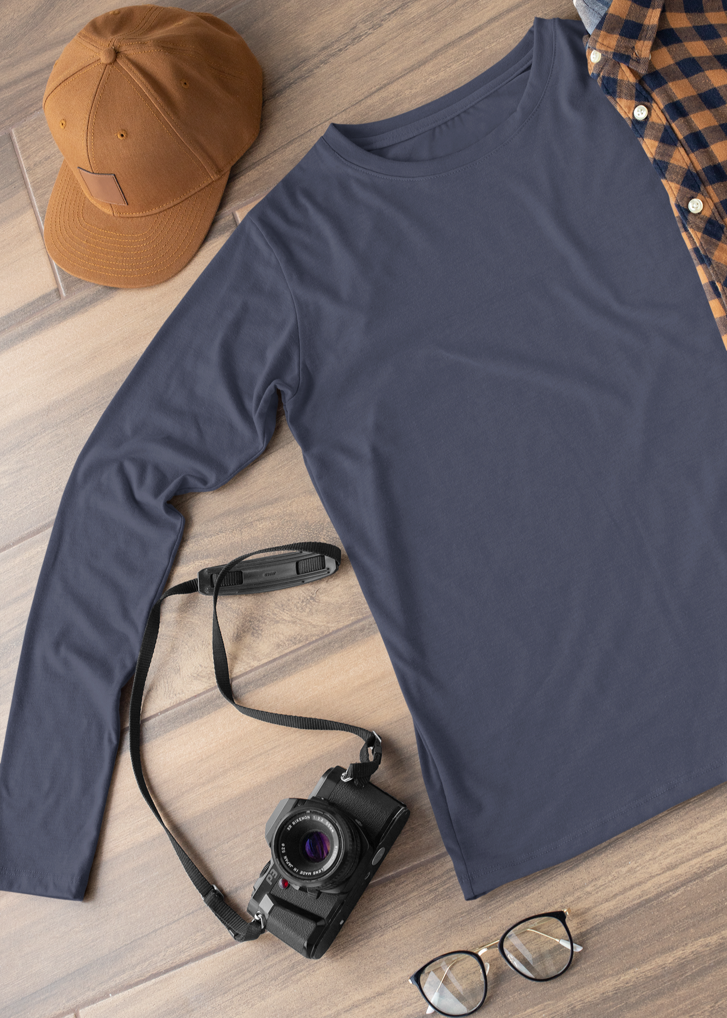 Round Neck Full Sleeve Plain T-Shirt - Dark Blue - Men