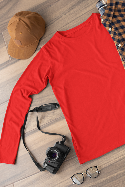 Round Neck Full Sleeve Plain T-Shirt - Red - Men