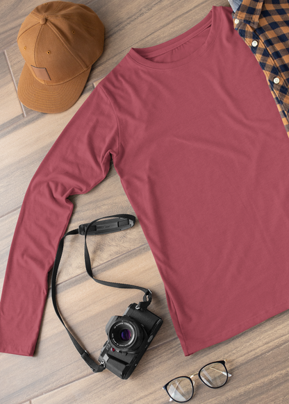 Round Neck Full Sleeve Plain T-Shirt - Maroon - Men