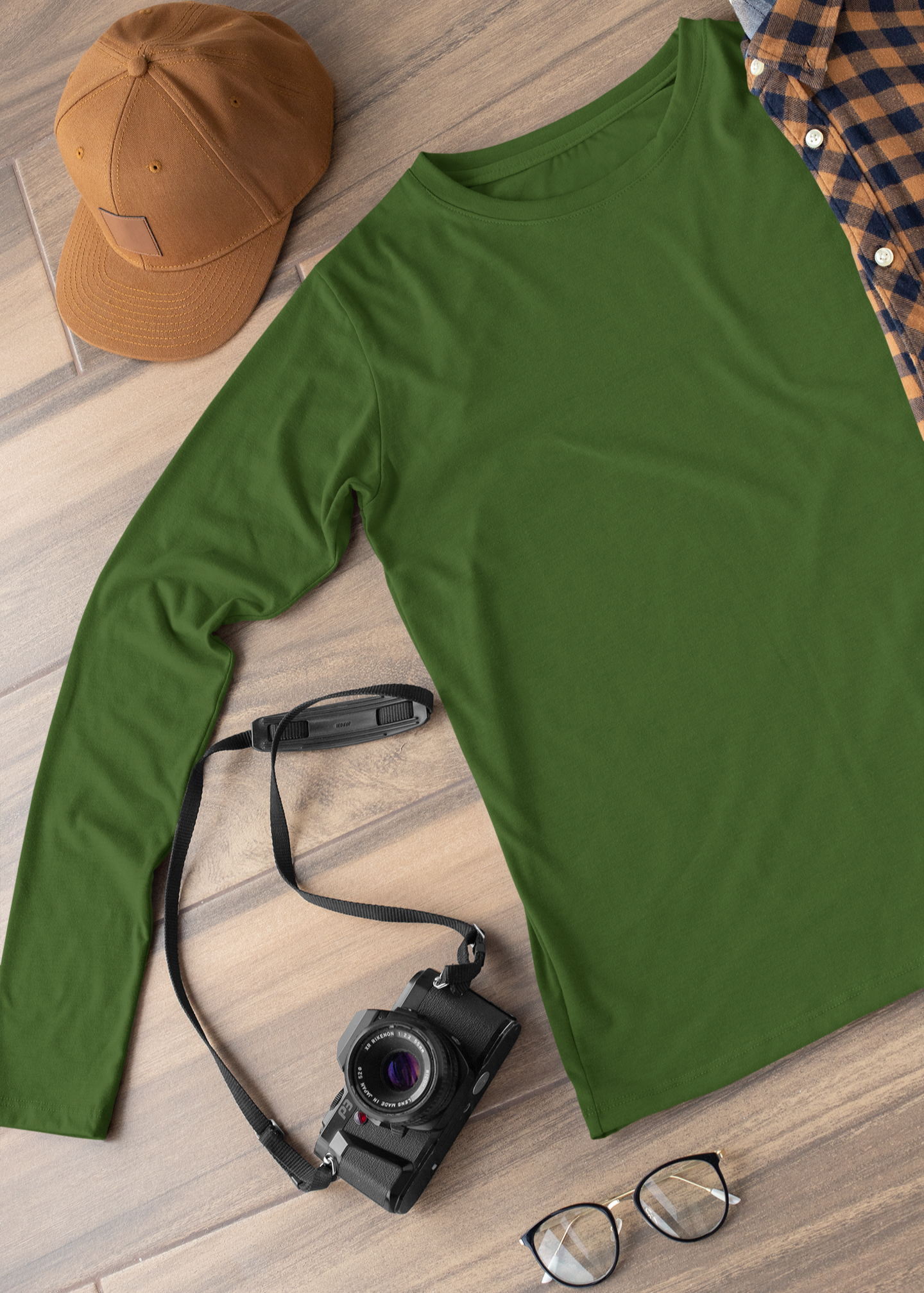 Round Neck Full Sleeve Plain T-Shirt - Dark Green - Men