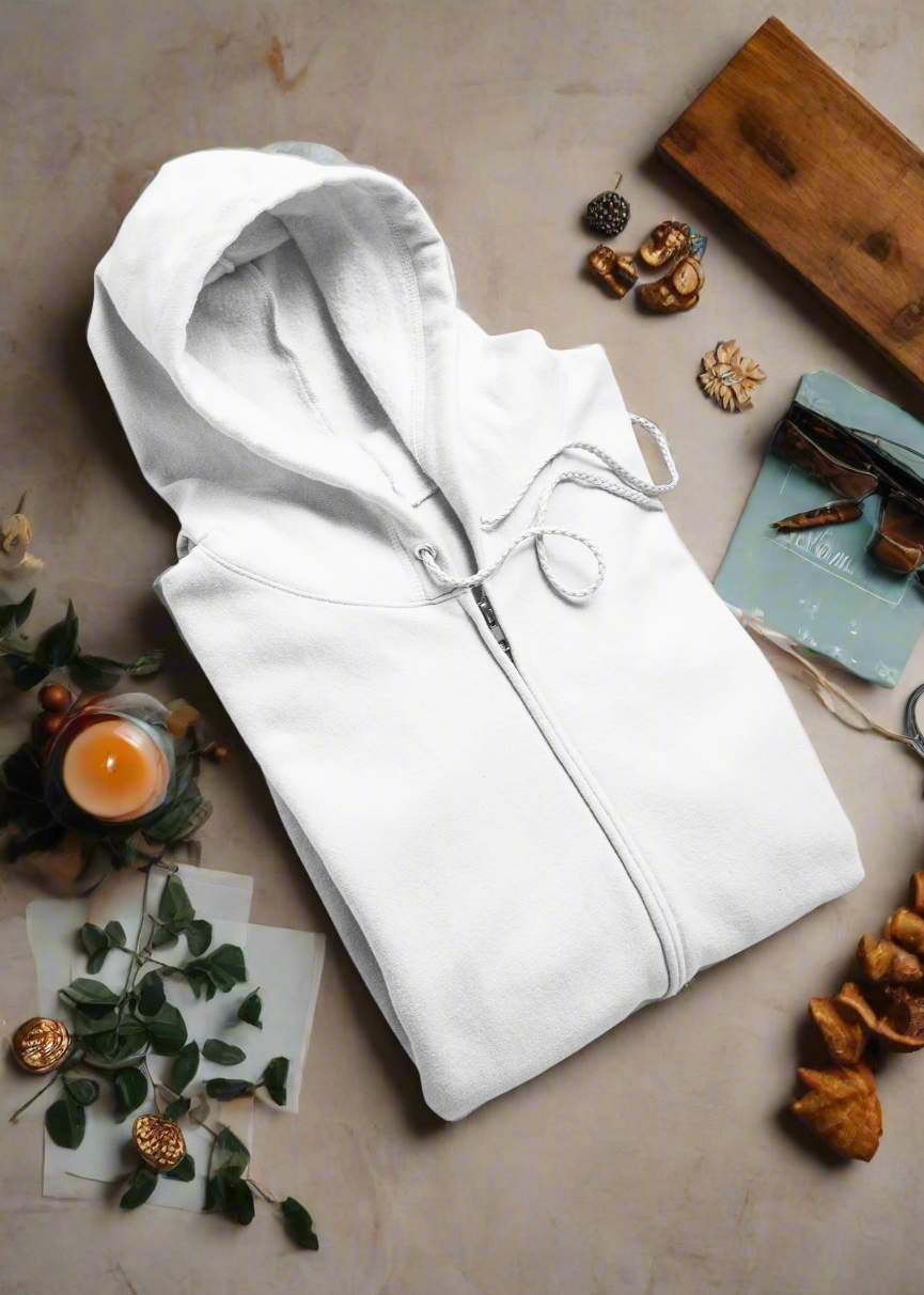 Zipper Plain Hooded Sweatshirt - White - Men