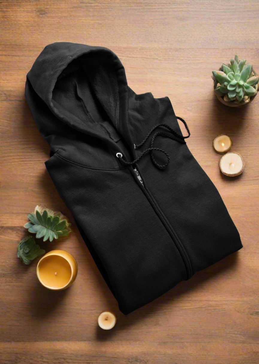 Zipper Plain Hooded Sweatshirt - Black - Men