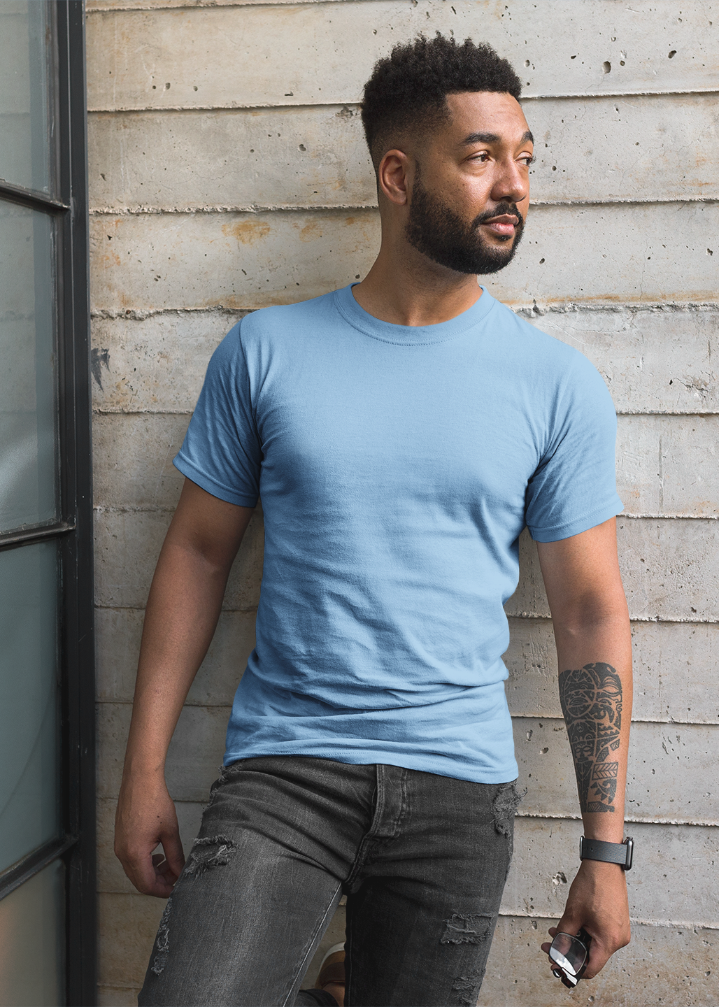 Round Neck Half Sleeve Plain T-Shirt - Baby Blue - Men