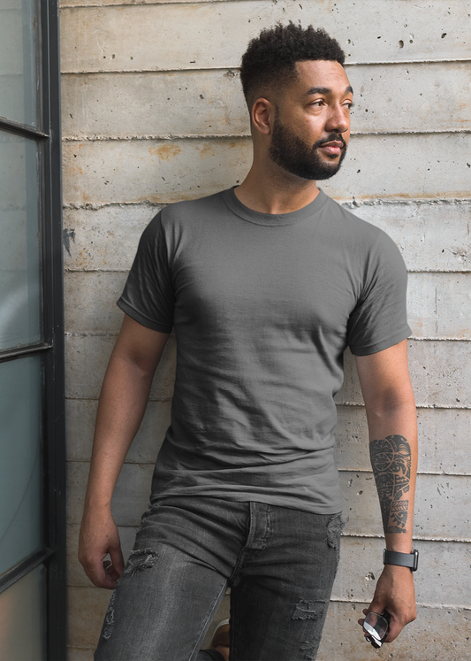 Round Neck Half Sleeve Plain T-Shirt - Charcoal Melange - Men