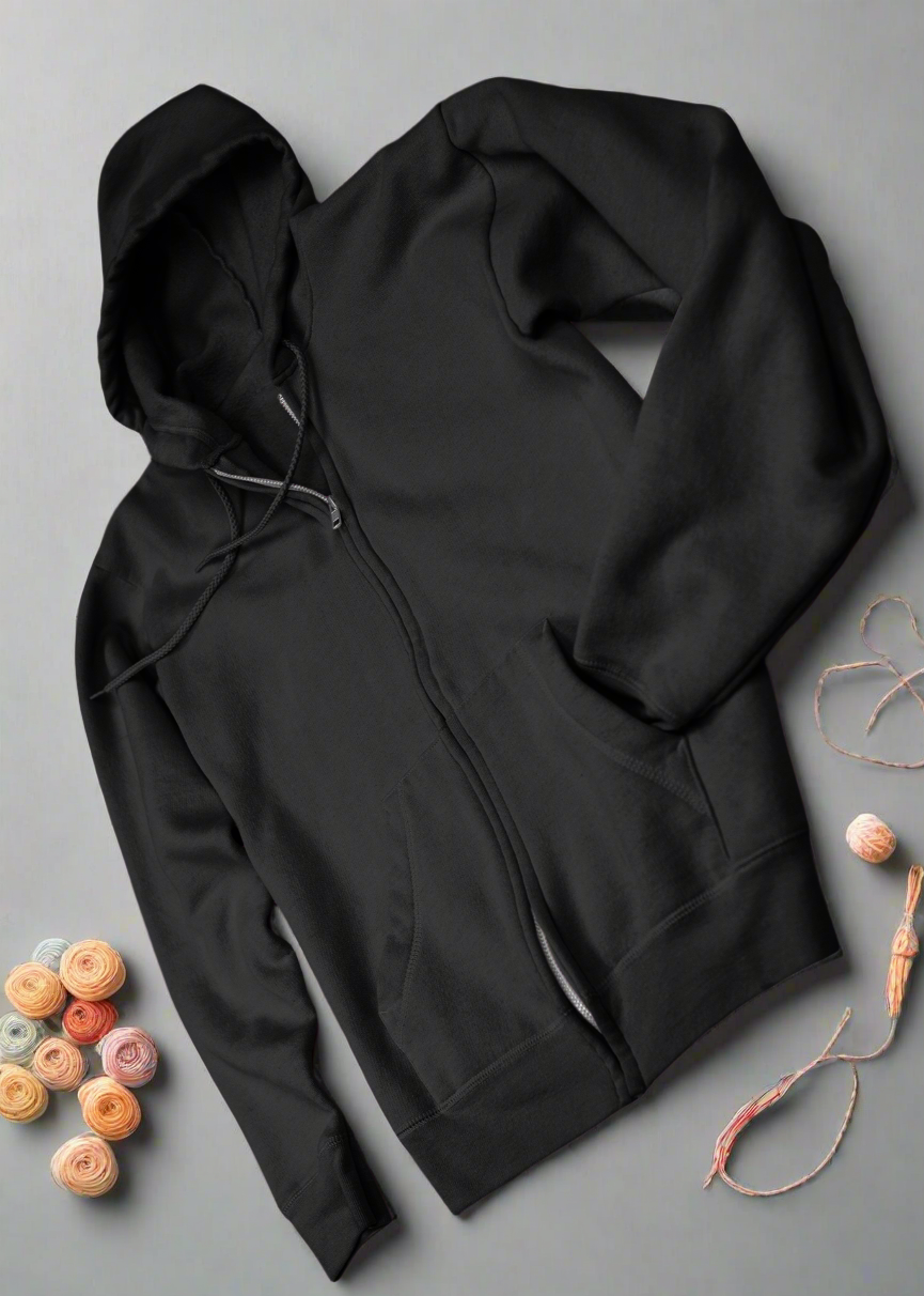 Zipper Plain Hooded Sweatshirt - Black - Men