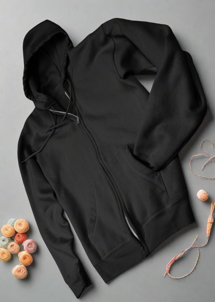 Zipper Plain Hooded Sweatshirt - Black - Women