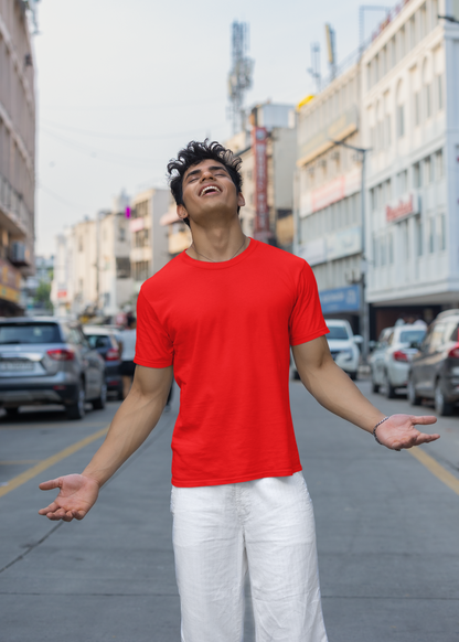 Round Neck Half Sleeve Plain T-Shirt - Red - Men