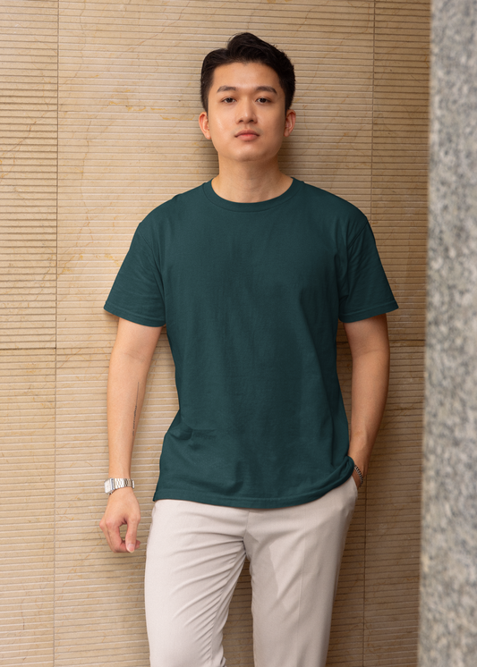 Round Neck Half Sleeve Plain T-Shirt - Petrol Blue - Men