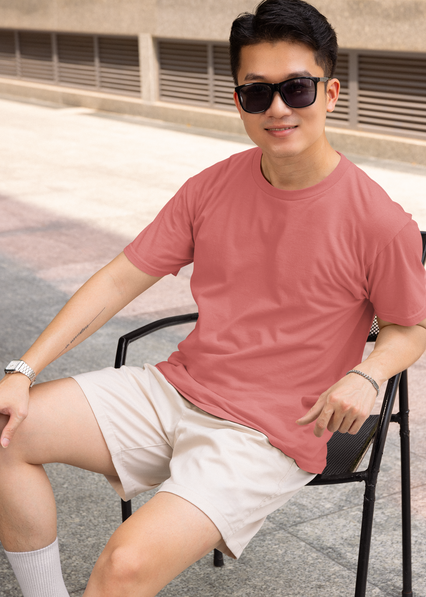 Round Neck Half Sleeve Plain T-Shirt - Coral - Men